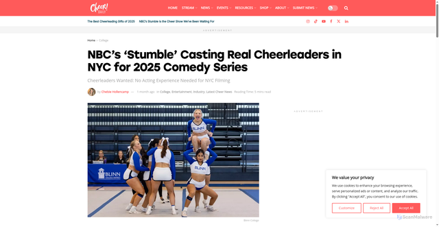Security scan screenshot of https://cheermedia.com/industry/nbcs-stumble-casting-real-cheerleaders-in-nyc-for-2025-comedy-series/