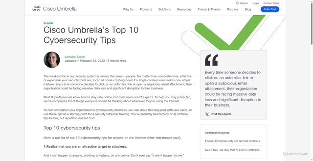 Security scan screenshot of https://umbrella.cisco.com/blog/cisco-umbrella-top-10-cybersecurity-tips