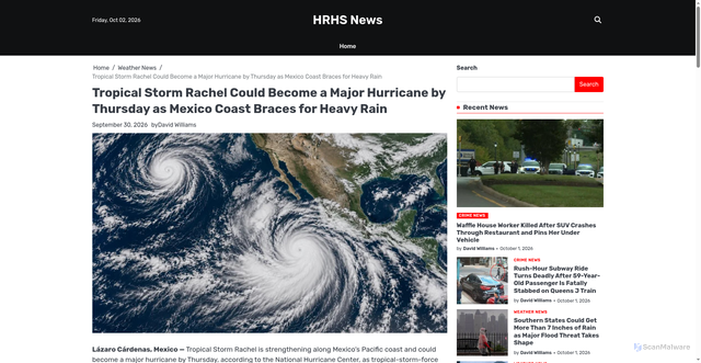 Security scan screenshot of https://hrhsnews.org/tropical-storm-rachel-could-become-a-major-hurricane-by-thursday-as-mexico-coast-braces-for-heavy-rain/