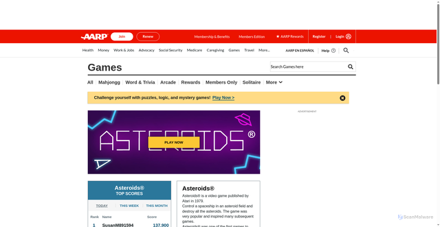 Security scan screenshot of https://games.aarp.org/games/atari-asteroids