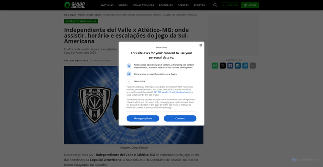 Security scan screenshot of https://olhardigital.com.br/2025/10/21/internet-e-redes-sociais/independiente-del-valle-x-atletico-mg-onde-assistir-ao-jogo-da-sul-americana-2025/