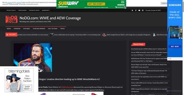 Security scan screenshot of https://nodq.com/news/speculation-about-roman-reigns-creative-direction-leading-up-to-wwe-wrestlemania-42/
