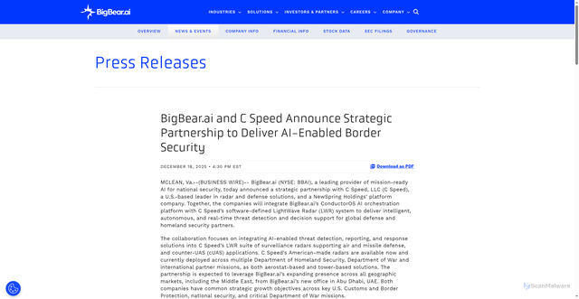 Security scan screenshot of https://ir.bigbear.ai/news-events/press-releases/detail/129/bigbear-ai-and-c-speed-announce-strategic-partnership-to