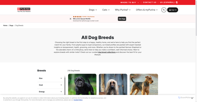 Security scan screenshot of https://www.purina.com/dogs/dog-breeds