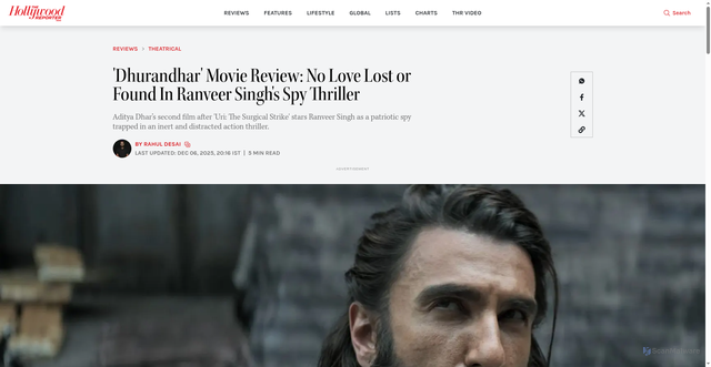 Security scan screenshot of https://www.hollywoodreporterindia.com/reviews/theatrical/dhurandhar-movie-review-no-love-lost-or-found-in-ranveer-singhs-spy-thriller