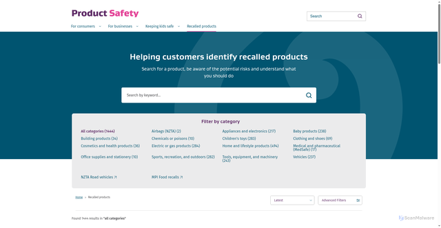 Security scan screenshot of https://www.productsafety.govt.nz/recalls