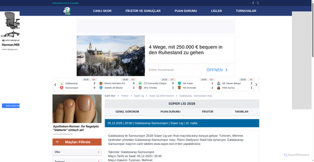 Security scan screenshot of https://www.aspor.com.tr/canli-skor/galatasaray-samsunspor-maci-61720668