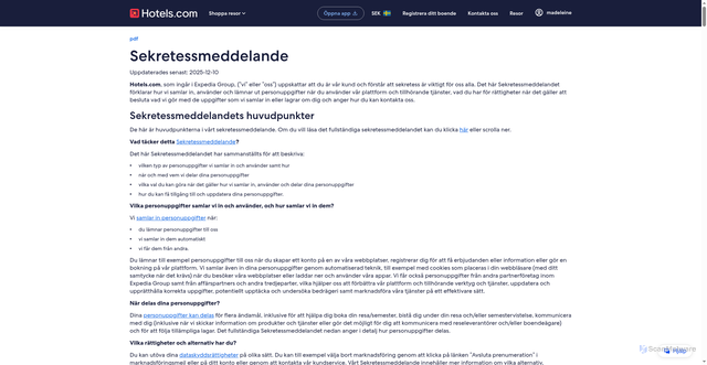Security scan screenshot of https://sv.hotels.com/emailclick/E0RO5WviEZ1RRLa4QM-9ytCTAv2ceQlgFyRjTZUmCHoKeioTTb-tCy6Rc25BYlydXJop7HDL_swGy6Y_GzfFdLWk/legal/privacy?siteid=300000011&EMLCID=HCOM-SE.TRC.UNKWN.2d3d033161682fd9668bed9f3714038c.EML&EMLDTL=DATE20260216-LANGSV_SE.TESTX.VERSX.CAT02G255&cta=modulesfooterNav.privacy.link