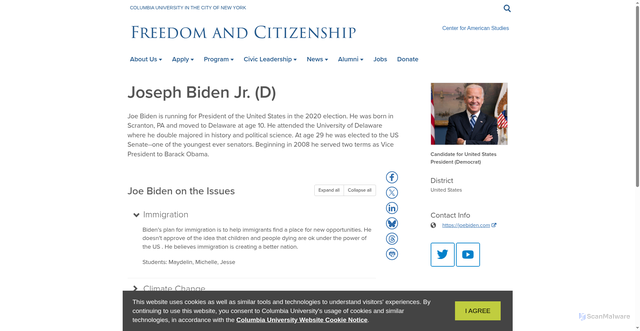 Security scan screenshot of https://freedomandcitizenship.columbia.edu/people/joe-biden