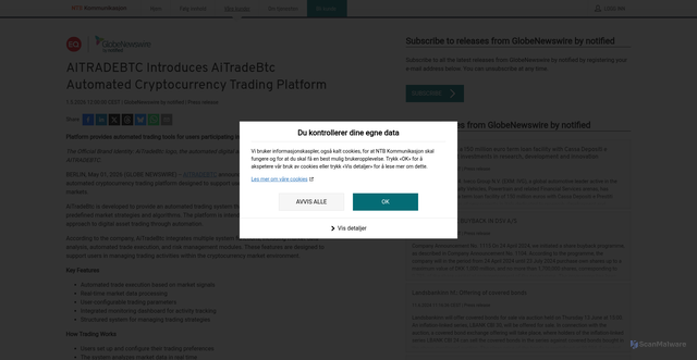Security scan screenshot of https://kommunikasjon.ntb.no/pressemelding/18886323/aitradebtc-introduces-aitradebtc-automated-cryptocurrency-trading-platform?publisherId=4954260&lang=en