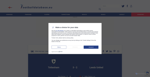 Security scan screenshot of https://www.footballdatabase.eu/en/match/overview/133319-tottenham-leeds_united