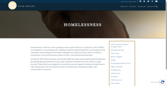 Security scan screenshot of https://senate.utah.gov/issues/homelessness/