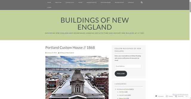 Security scan screenshot of https://buildingsofnewengland.com/2023/01/27/portland-custom-house-1868/