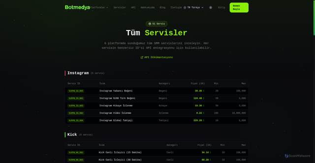 Security scan screenshot of https://botmedya.com/services