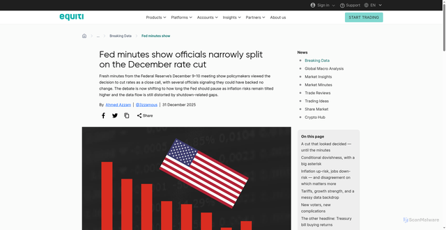 Security scan screenshot of https://www.equiti.com/sc-en/news/breaking-data/fed-minutes-show-officials-narrowly-split-on-the-december-rate-cut/