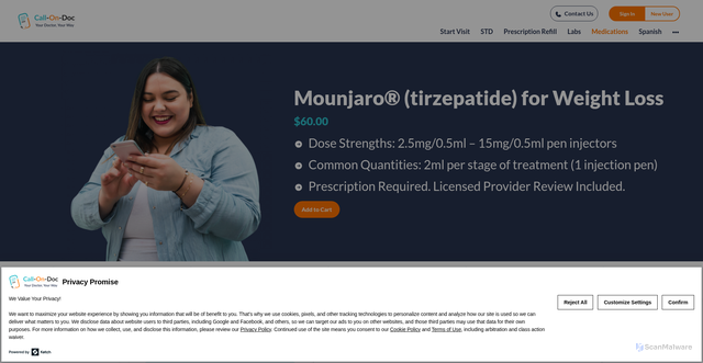 Security scan screenshot of https://www.callondoc.com/en/medications/mounjaro