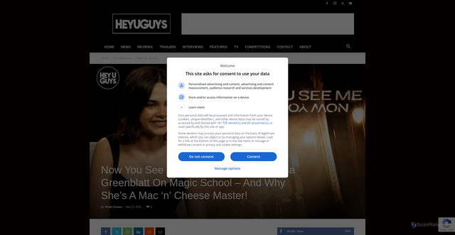 Security scan screenshot of https://www.heyuguys.com/now-you-see-me-now-you-dont-ariana-greenblatt-interview/