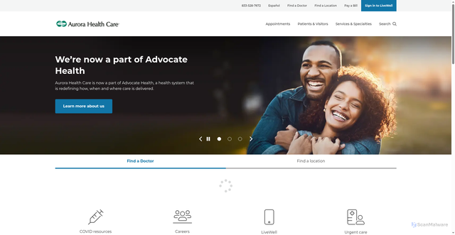 Security scan screenshot of https://www.aurorahealthcare.org/