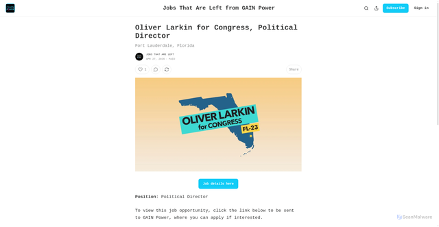 Security scan screenshot of https://www.jobsthatareleft.org/p/oliver-larkin-for-congress-political