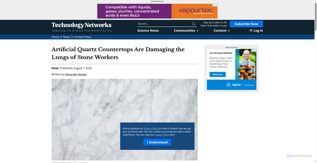 Security scan screenshot of https://www.technologynetworks.com/tn/news/artificial-quartz-countertops-are-damaging-the-lungs-of-stone-workers-377086