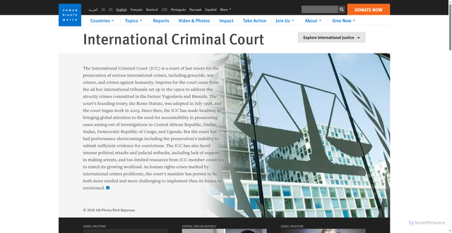 Security scan screenshot of https://www.hrw.org/topic/international-justice/international-criminal-court