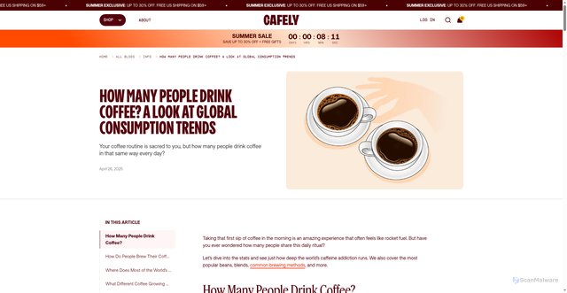 Security scan screenshot of https://cafely.com/blogs/info/how-many-people-drink-coffee?srsltid=AfmBOoqyNiKYwC0fdu5pu69kF1bDryepvTeGylhRa67vTZ_d3AWcTIGM