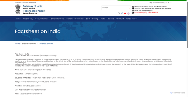 Security scan screenshot of https://www.eoiminsk.gov.in/page/factsheet-on-india/