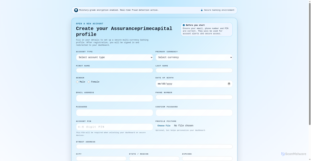 Security scan screenshot of https://assuranceprimecapital.com/signup/verify-registration.php