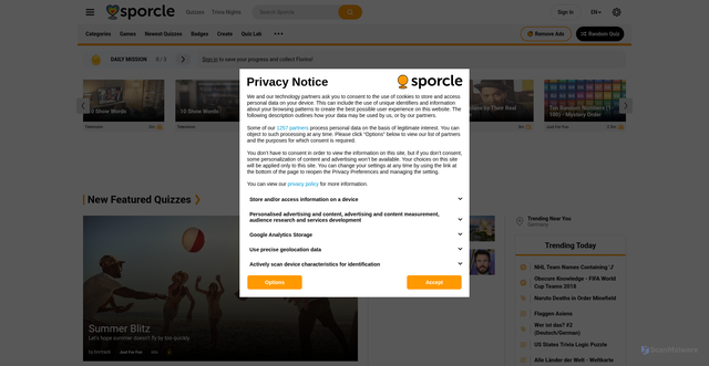 Security scan screenshot of https://www.sporcle.com