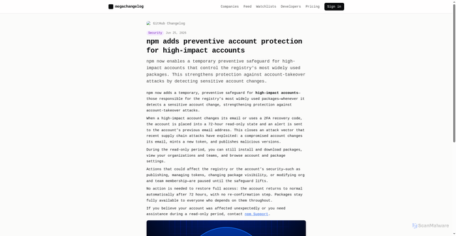 Security scan screenshot of https://megachangelog.com/changes/github/npm-adds-preventive-account-protection-for-high-impact-accounts-ac1340d