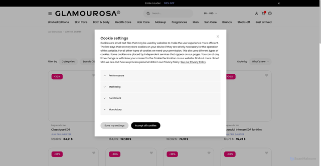 Security scan screenshot of https://www.lojaglamourosa.com/us/en/jean-paul-gaultier