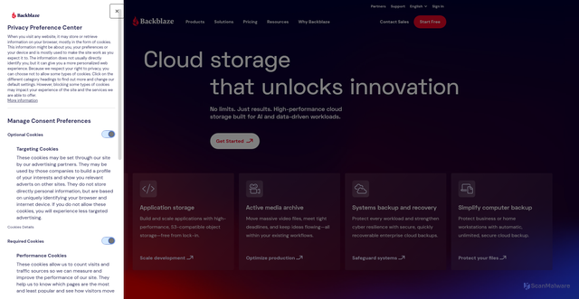 Security scan screenshot of https://pod-000-1418-15.backblaze.com