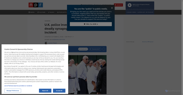 Security scan screenshot of https://www.npr.org/2025/10/02/nx-s1-5560761/uk-synagogue-attack-yom-kippur-manchester