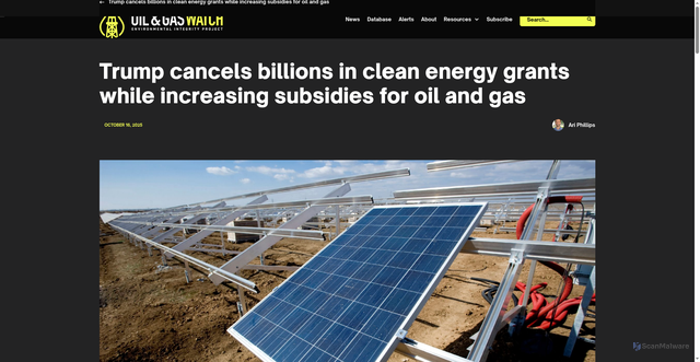 Security scan screenshot of https://news.oilandgaswatch.org/post/trump-cancels-billions-in-clean-energy-grants-while-increasing-subsidies-for-oil-and-gas