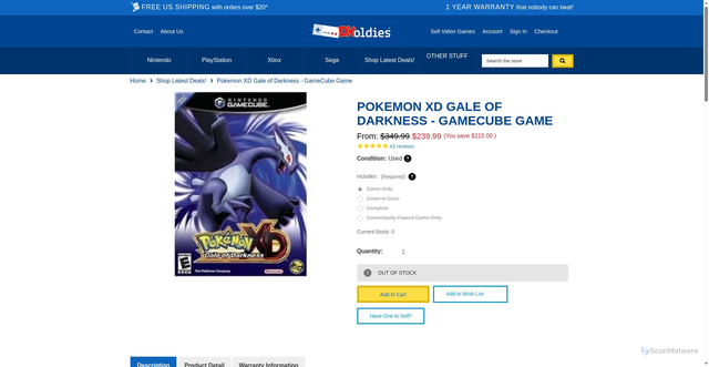 Security scan screenshot of https://www.dkoldies.com/pokemon-xd-gale-of-darkness-gamecube-game/