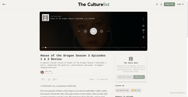 Security scan screenshot of https://theculturelist.substack.com/p/house-of-the-dragon-season-3-episodes
