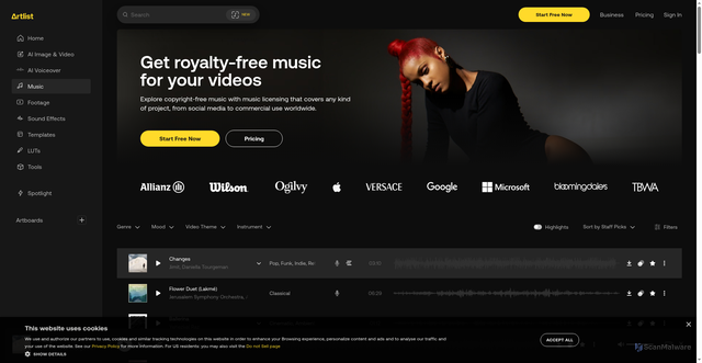 Security scan screenshot of https://artlist.io/royalty-free-music