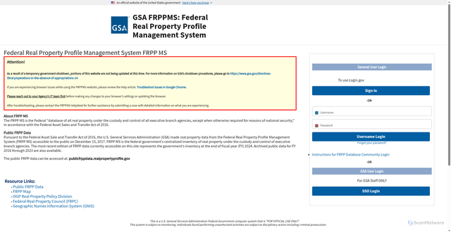 Security scan screenshot of https://www.realpropertyprofile.gov/FRPPMS/s/