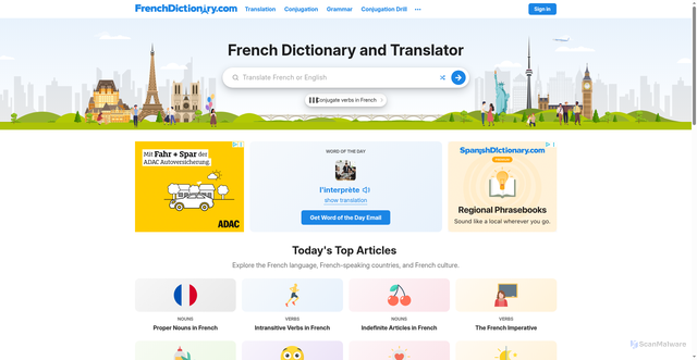 Security scan screenshot of https://frenchdictionary.com