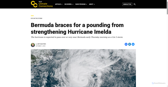 Security scan screenshot of https://yaleclimateconnections.org/2025/10/bermuda-braces-for-a-pounding-from-strengthening-hurricane-imelda/