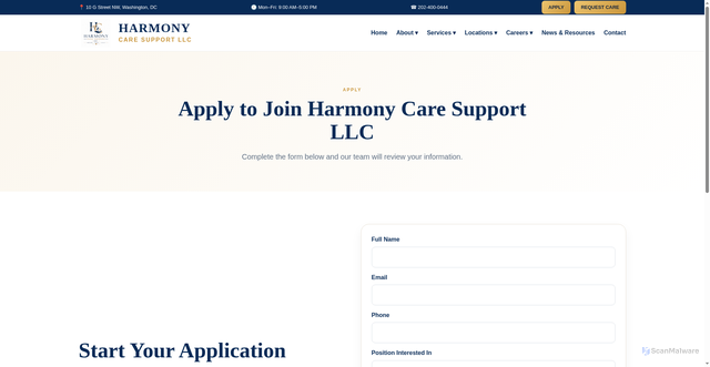 Security scan screenshot of https://harmonycaresupportllcdc.com/apply