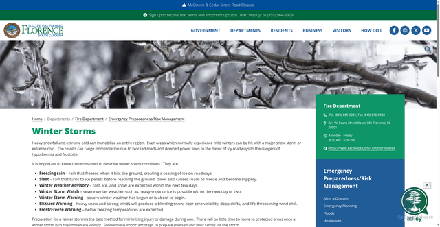 Security scan screenshot of https://www.cityofflorencesc.gov/fire-department/emergency-preparednessrisk-management/winter-storms