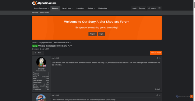 Security scan screenshot of https://www.alphashooters.com/community/threads/whats-the-latest-on-the-sony-a7v.10763/