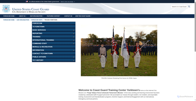 Security scan screenshot of https://www.forcecom.uscg.mil/Our-Organization/FORCECOM-UNITS/TraCen-Yorktown/