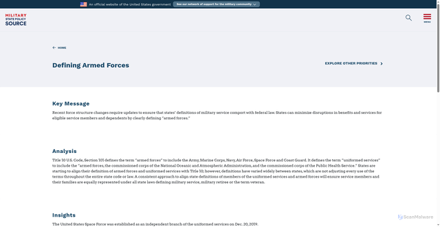 Security scan screenshot of https://statepolicy.militaryonesource.mil/priorities/defining-armed-forces/2023