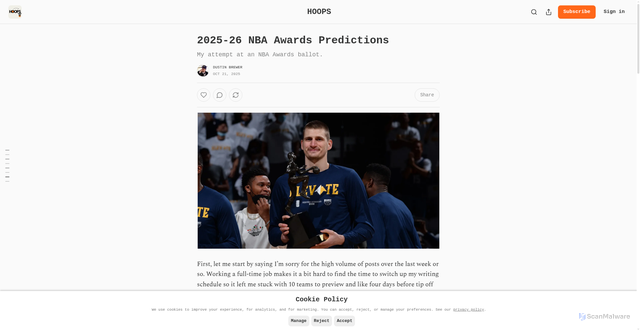 Security scan screenshot of https://readhoops.substack.com/p/2025-26-nba-awards-predictions