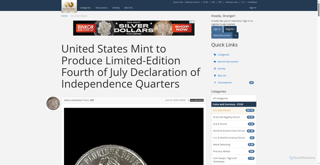 Security scan screenshot of https://forums.collectors.com/discussion/1123803/united-states-mint-to-produce-limited-edition-fourth-of-july-declaration-of-independence-quarters