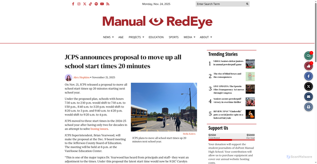 Security scan screenshot of https://manualredeye.com/103149/education/jcps-announces-proposal-to-move-up-all-school-start-times-20-minutes/