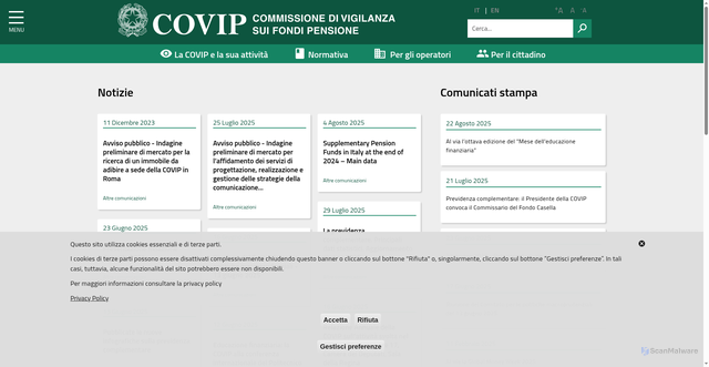 Security scan screenshot of https://www.covip.it/
