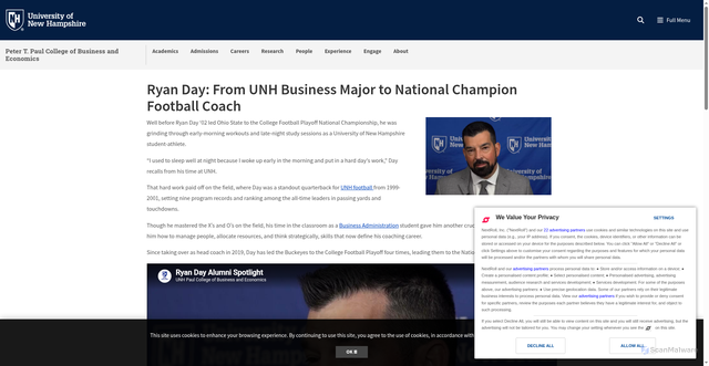 Security scan screenshot of https://paulcollege.unh.edu/spotlight/ryan-day-unh-business-major-national-champion-football-coach